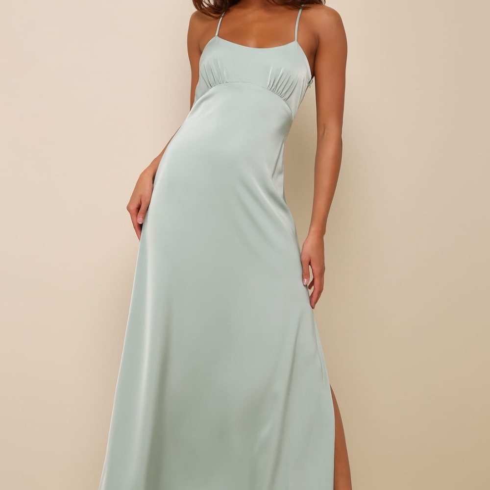 Lulu's Wonderful Essence Sage Green Satin Backless Maxi Dress